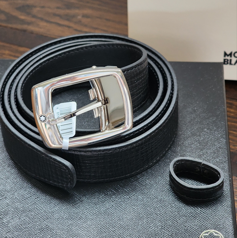 $300 New 100% Auth Montblanc Star Men's Belt Rectangular Buckle Black Leather